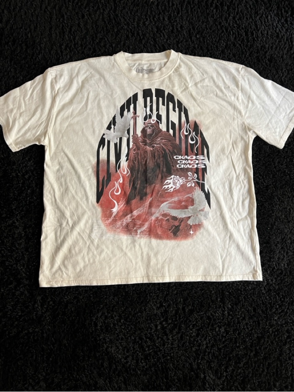White Short-Sleeve Graphic Tee with Red & Black Print